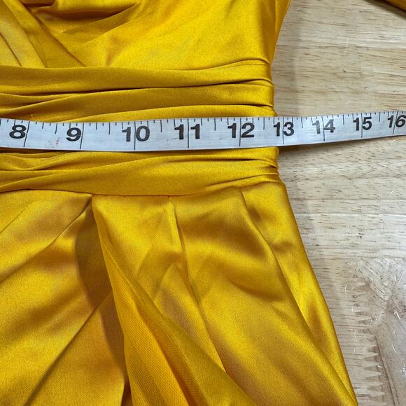 Mac Duggal NWT Yellow Faux Wrap Puff Shoulder Long Sleeve A-Line Gown Sz 4 *Flaw - Picture 8 of 12